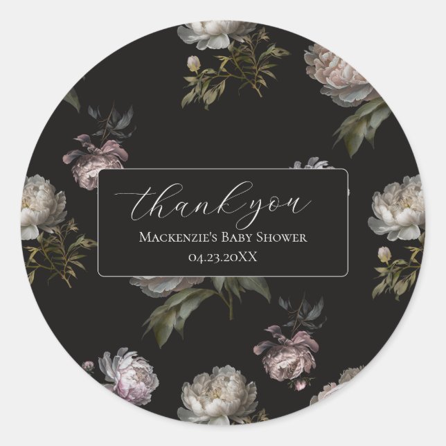 Adesivo Redondo Dark Peony Baby Shower Thank You Sticker (Frente)