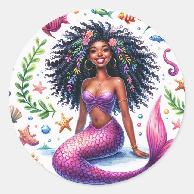 Adesivo Redondo Dark-Skinned Mermaid With Pink Tail (Frente)