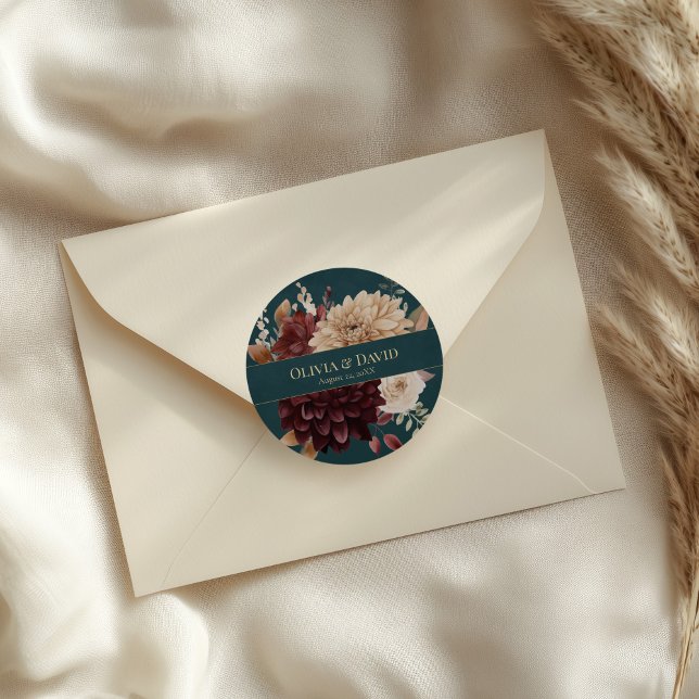 Adesivo Redondo Dark Teal Floral Gothic Wedding Round Sticker (Dark Teal Floral Gothic Wedding Round Sticker on an elegant neutral wedding envelope.)