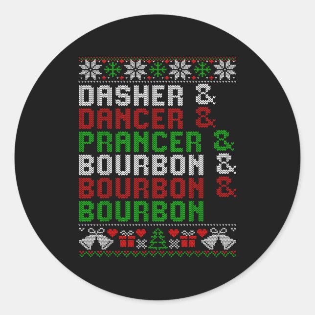 Adesivo Redondo Dasher Dancer Prancer &amp; Bourbon Xmas Holiday U (Frente)