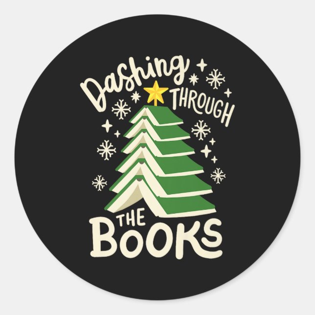 Adesivo Redondo Dashing Through The Books Christmas Book Lovers Me (Frente)