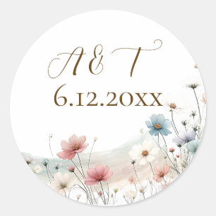 Adesivo Redondo Data de Casamento de Flores Selvagens de Aquarela 