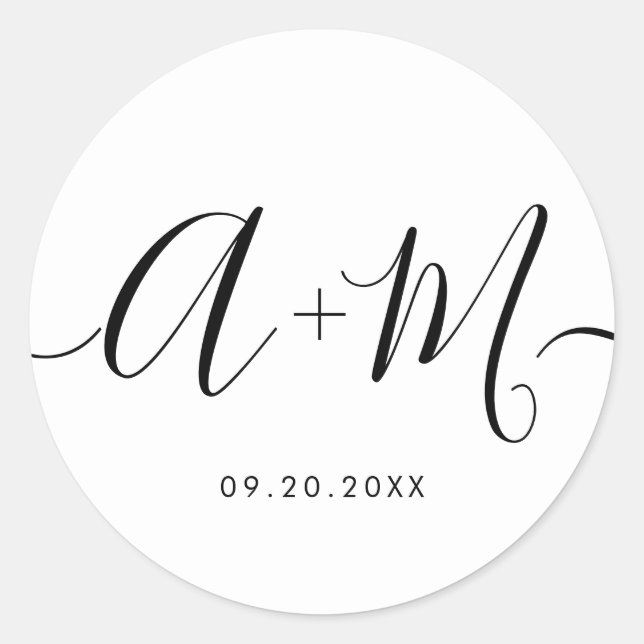 Adesivo Redondo Data de Casamento Personalizado do Script Monogram (Frente)