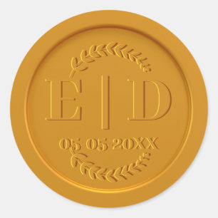 Adesivo Redondo Data do Monograma Folhas Botânicas Anticas Dourada