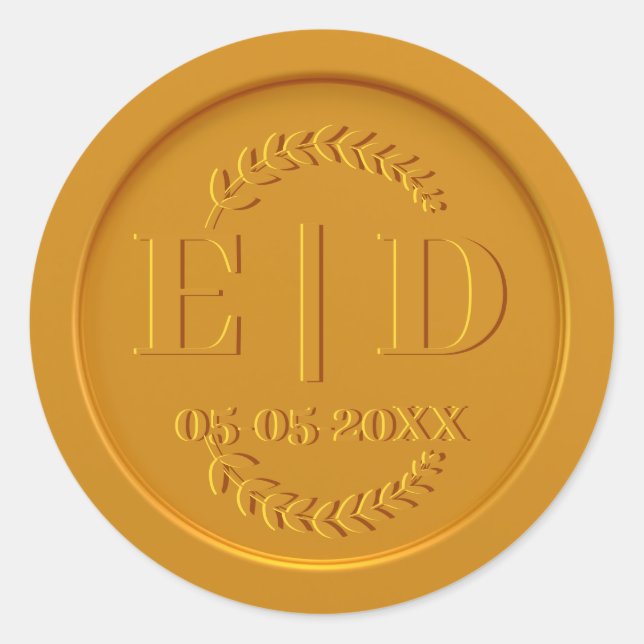 Adesivo Redondo Data do Monograma Folhas Botânicas Anticas Dourada (Frente)