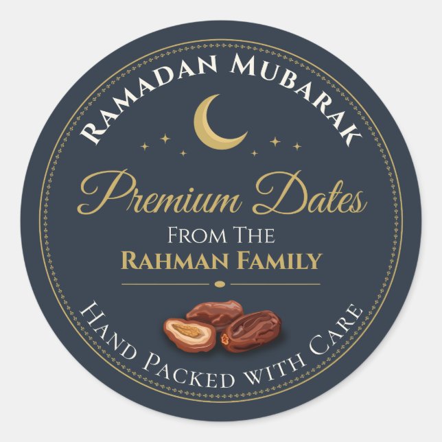 Adesivo Redondo Datas Premium Ramadan Celestial Ouro Navy Elegante (Frente)