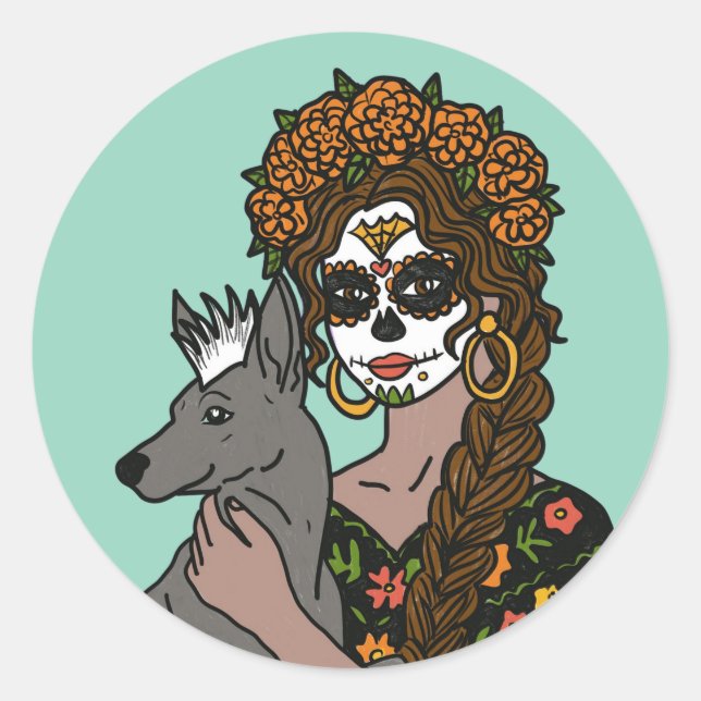 Adesivo Redondo Day of the Dead Marigold and Xolo Dog (Frente)