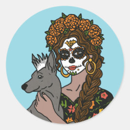 Adesivo Redondo Day of the Dead Marigold and Xolo Dog