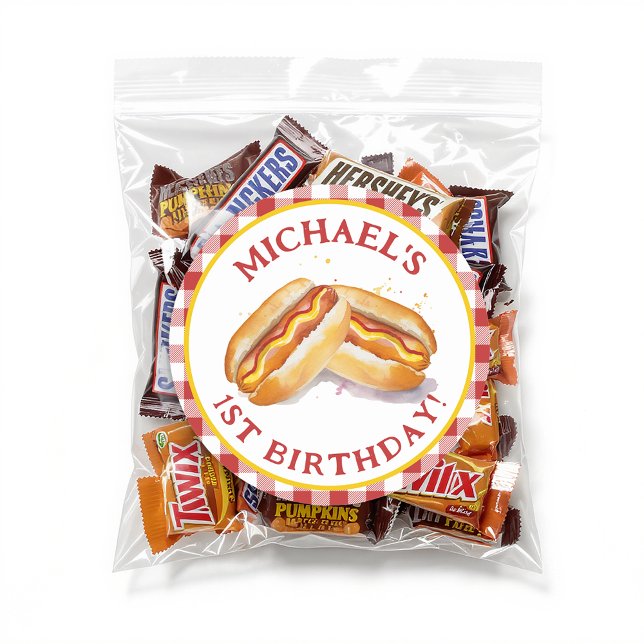 Adesivo Redondo de Aniversário de Cachorro-Quente  (Party Sticker Favor)