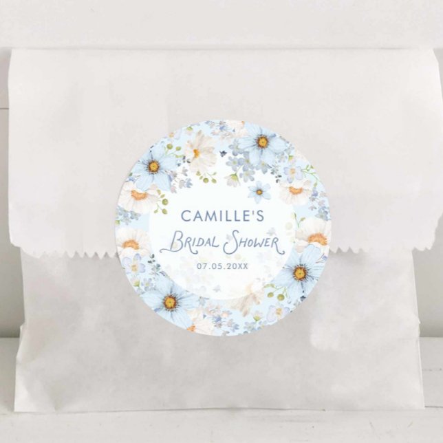 Adesivo Redondo de Chuveiro de Noiva Floral Azul E (blue Floral bridal shower round sticker)