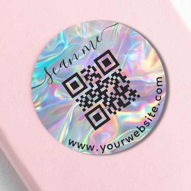 Adesivo redondo de código QR holográfico e texto p (Criador carregado)