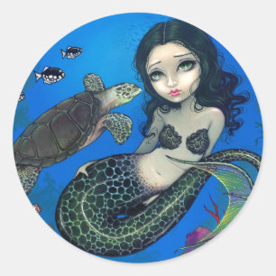 Adesivo Redondo De "etiqueta da sereia da tartaruga mar"