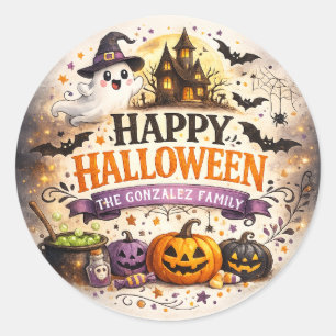 Adesivo Redondo de Família de Halloween em Aquarel