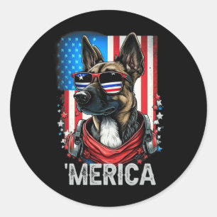 Adesivo Redondo De Julho, Patriótico Cão Malinois Belga Merica