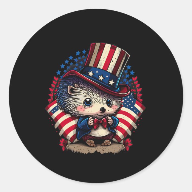 Adesivo Redondo De Julho Patriótico Hedgehog, Bandeira Dos Eua (Frente)