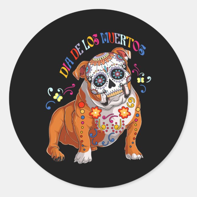 Adesivo Redondo De Los Muertos English Buldogue Floral Skull Face  (Frente)