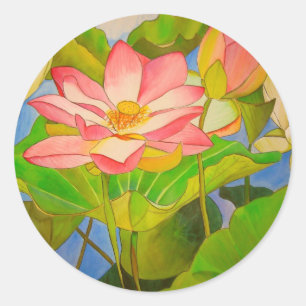 Adesivo Redondo De Lotus do rosa pintura da arte da aguarela