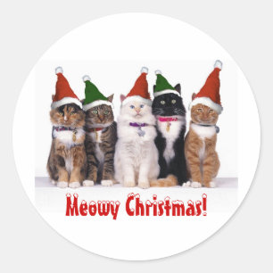 Adesivo Redondo De "Natal Meowy!" Gatos nos chapéus