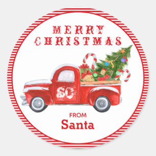 Adesivo Redondo De Papais noeis Vintage Red Truck Feriado de Natal