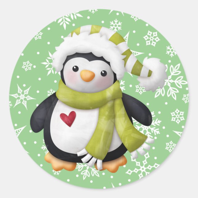 Adesivo Redondo de Pinguim de Natal Verde (Frente)