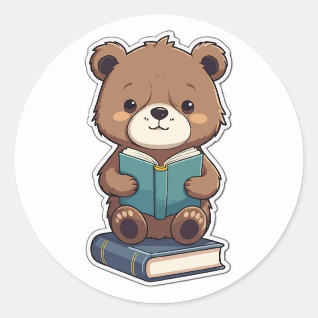 Adesivo Redondo De volta à escola - Urso do Vidro Lendo um Livro (Frente)