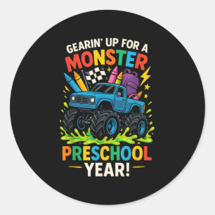 Adesivo Redondo De Volta À Pré-Escola Pré-k Monster Truck Primeiro