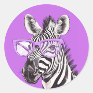 Adesivo Redondo de Zebra Engraçada com Óculos Roxo
