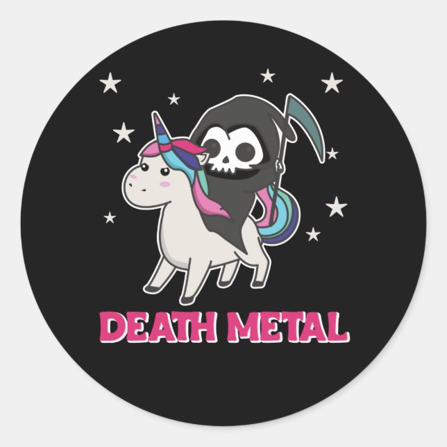 Adesivo Redondo Death Metal - Death Riding Unicorn Funny Unicorn (Frente)