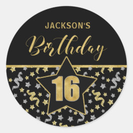 Adesivo Redondo Décimo Sexto Aniversário, Negro e Dourado Confetti