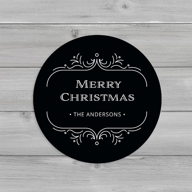 Adesivo Redondo Deco Moderno | Elegante Black Merry Christmas (An elegant, back art deco style Christmas sticker)