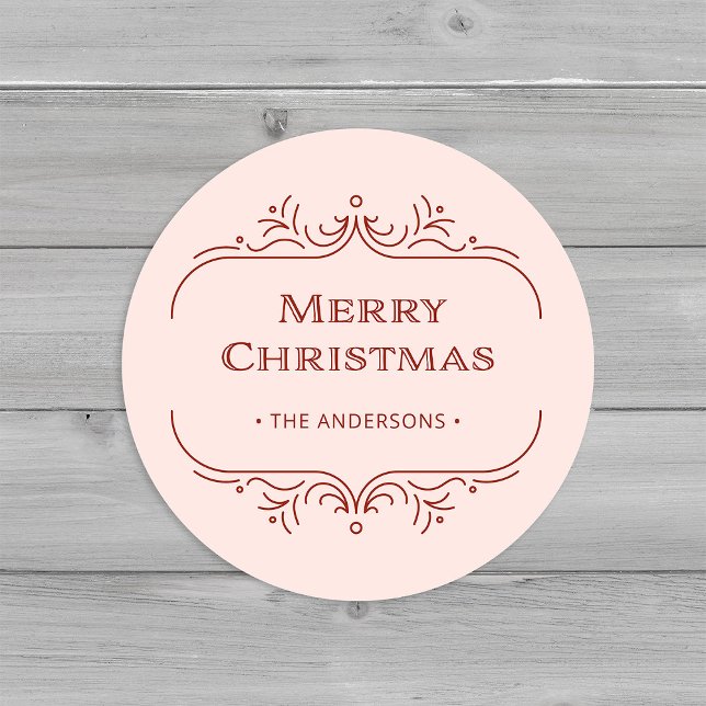 Adesivo Redondo Deco Moderno | Pink e Red Merry Christmas (An elegant, blush pink and red art deco style Christmas sticker)