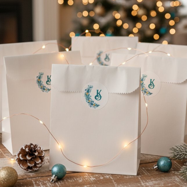 Adesivo Redondo Decoração de Banho Amarelo de Monograma Azul (holiday monogram stickers)