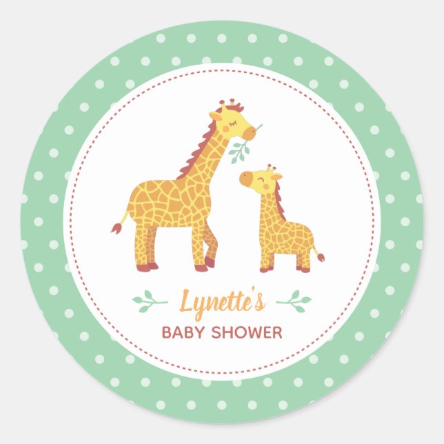 Adesivo Redondo Decoração de Chuveiro de Mamãe Girafa Fofa e Bebê (Frente)