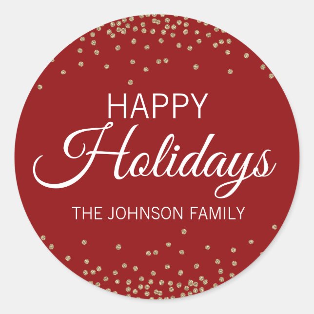 Adesivo Redondo Deep RED Dourado Glitter Confetti Feliz HOLIDAYS (Frente)