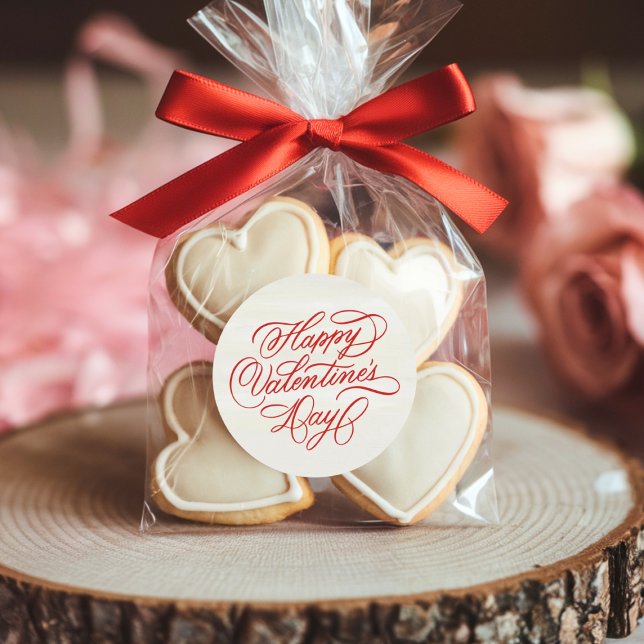 Adesivo Redondo Deep Red Happy Valentines Day Calligraphy (Criador carregado)
