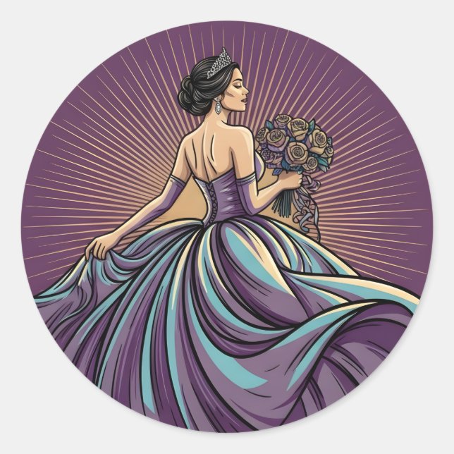 Adesivo Redondo Deep Violet Rhapsody Tiara & Bouquet Quinceañera (Frente)