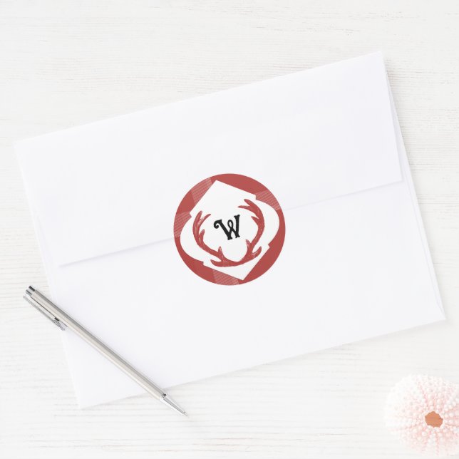 Adesivo Redondo Deer Antlers Mínimo Monograma Rustic Burgundy (Envelope)