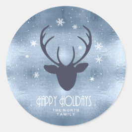 Adesivo Redondo Deer Antlers Silhouette & Snowflakes Blue ID861