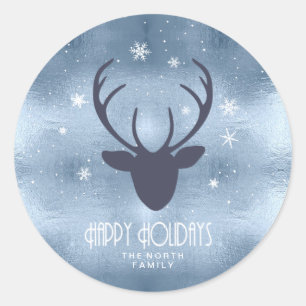 Adesivo Redondo Deer Antlers Silhouette & Snowflakes Blue ID861