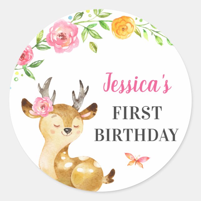 Adesivo Redondo Deer Baby Girl First Birthday Doe Guest Favor Rosa (Frente)