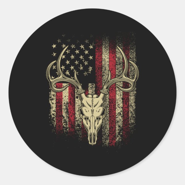 Adesivo Redondo Deer Hunters Deer Skull Na Bandeira Americana (Frente)