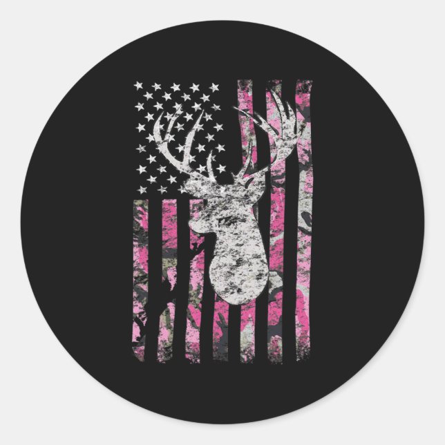 Adesivo Redondo Deer Hunting Camo American Flag Pink Buck (Frente)