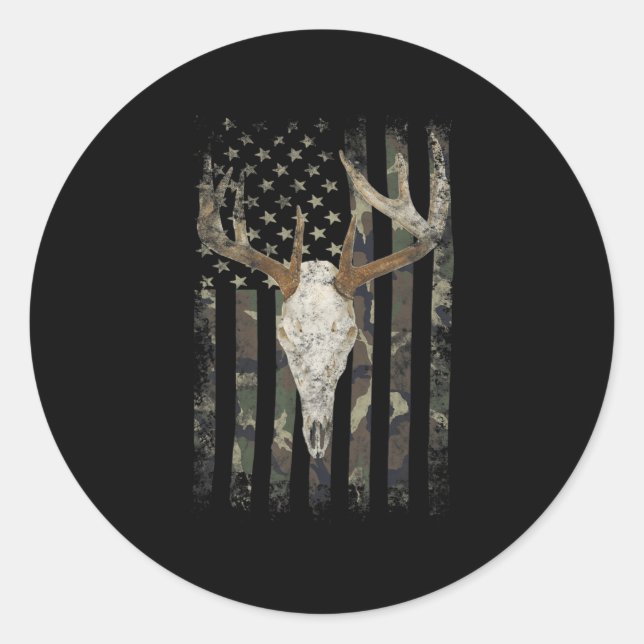 Adesivo Redondo Deer Hunting Skull American Camo USA Flag Whitetai (Frente)