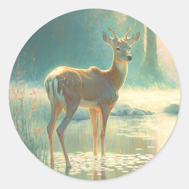 Adesivo Redondo Deer in the Woods Fantasy Sticker (Frente)