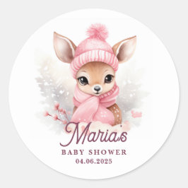 Adesivo Redondo Deer Pink Winter Hat Scarf Girl Party