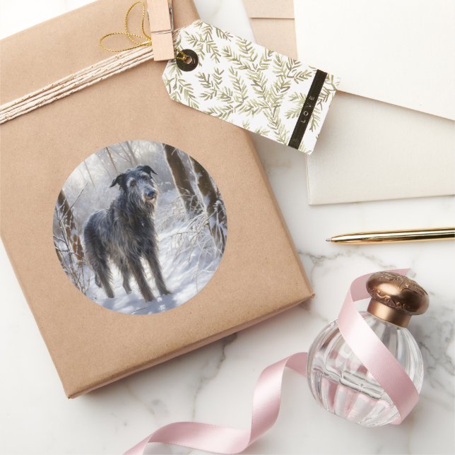 Adesivo Redondo Deerhound Escocês Deixe-o nevar no Natal (Presentear)