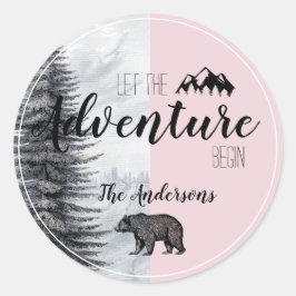 Adesivo Redondo Deixe a Aventura Começar Urso Rosa Chã de Bebê