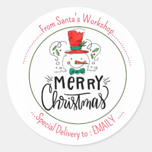 Adesivo Redondo Deixe-o nevar. Happy Snowman Face