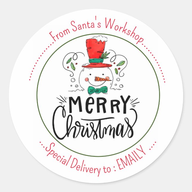 Adesivo Redondo Deixe-o nevar. Happy Snowman Face (Frente)