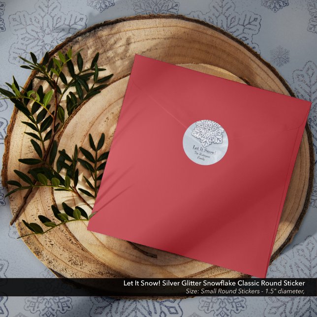 Adesivo Redondo Deixe-O Neve! Floco de Neve Silver Glitter (Let It Snow! Silver Glitter Snowflake Classic Round Sticker)